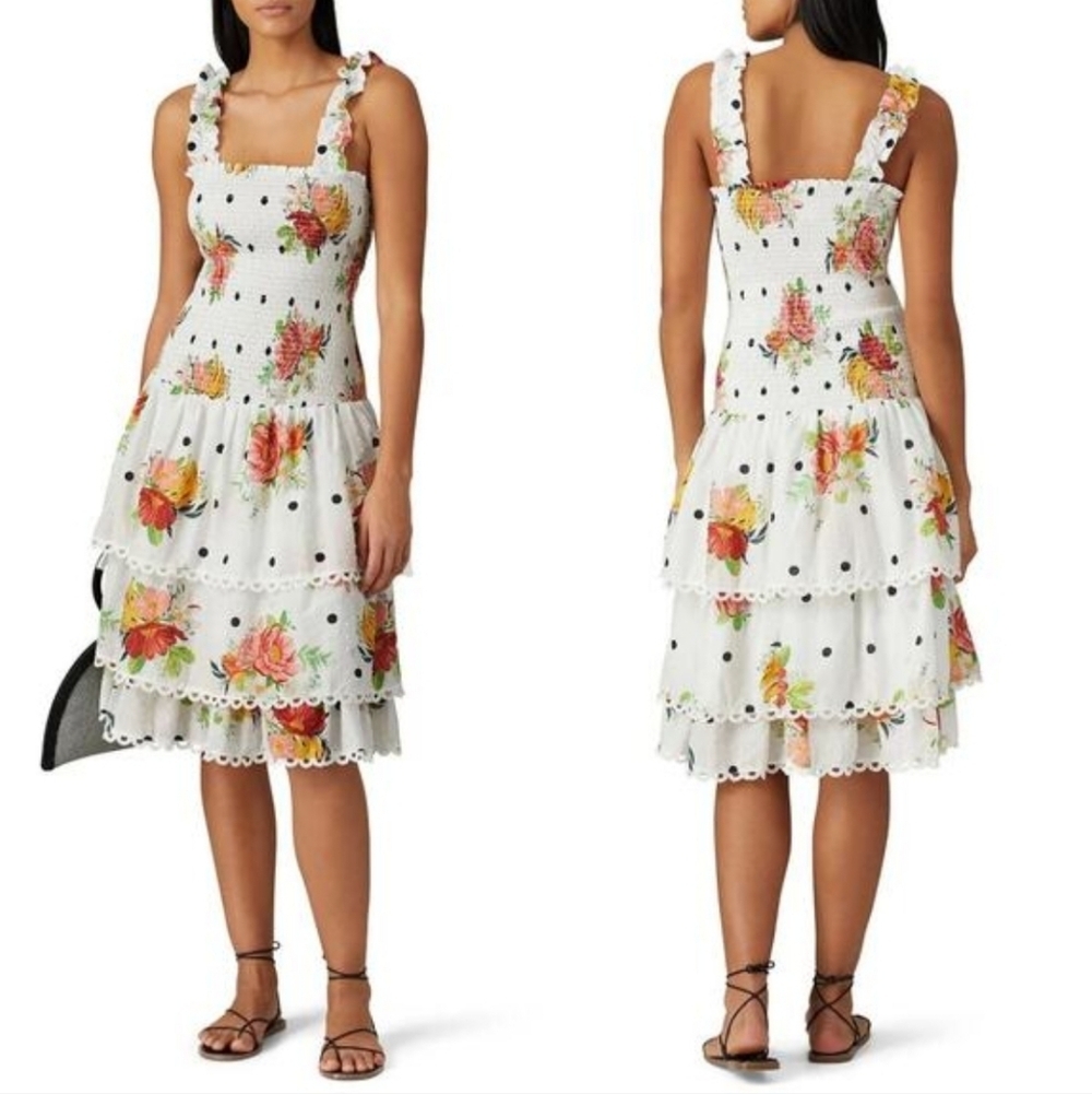 Farm Rio Nanaju Smocked Swiss Polka Dot Scalloped Hem Floral Cotton Midi Dress